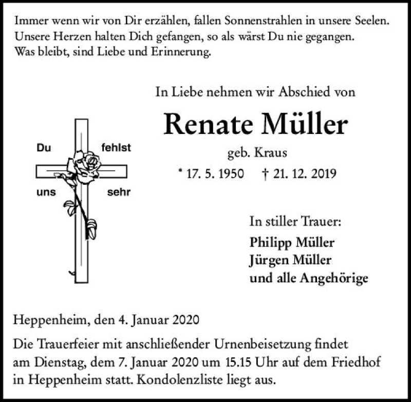  Traueranzeige für Renate Müller vom 04.01.2020 aus vrm-trauer