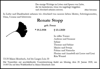 Traueranzeige von Renate Stopp von vrm-trauer