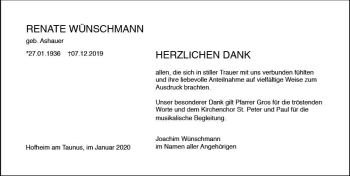Traueranzeige von Renate Wünschmann von vrm-trauer