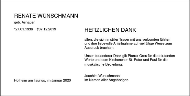  Traueranzeige für Renate Wünschmann vom 10.01.2020 aus vrm-trauer