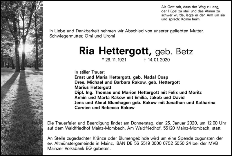  Traueranzeige für Ria Hettergott vom 20.01.2020 aus vrm-trauer