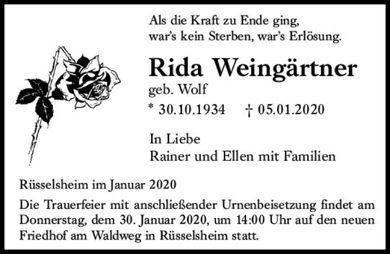  Traueranzeige für Rida Weingärtner vom 18.01.2020 aus vrm-trauer