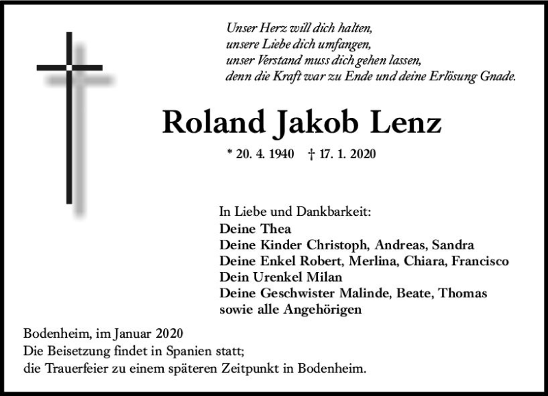  Traueranzeige für Roland Jakob Lenz vom 01.02.2020 aus vrm-trauer