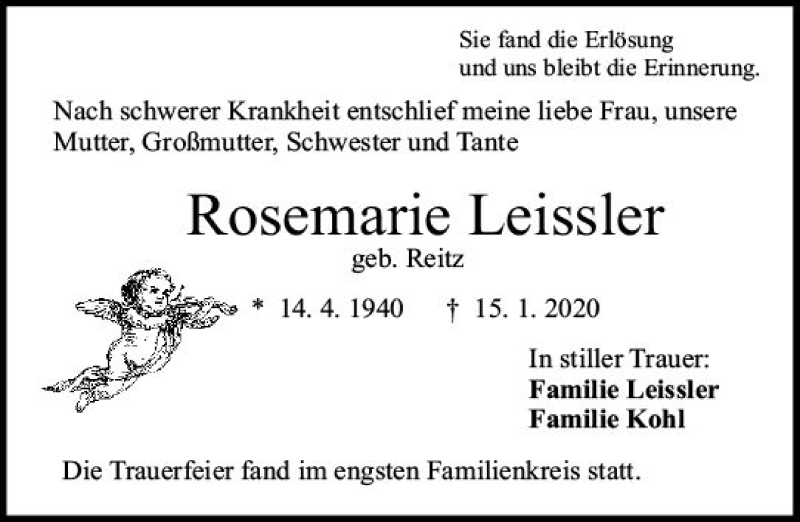  Traueranzeige für Rosemarie Leissler vom 25.01.2020 aus vrm-trauer