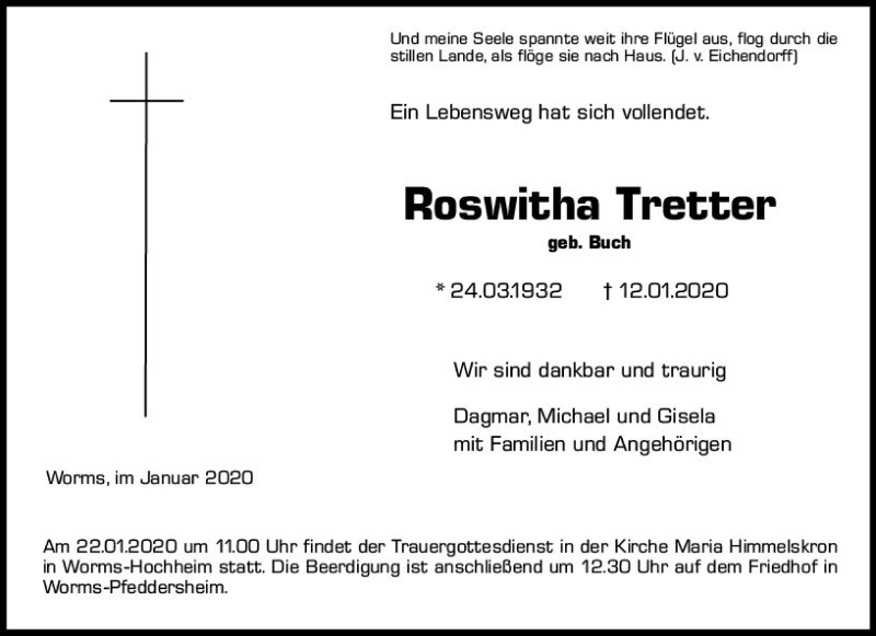  Traueranzeige für Roswitha Tretter vom 17.01.2020 aus vrm-trauer