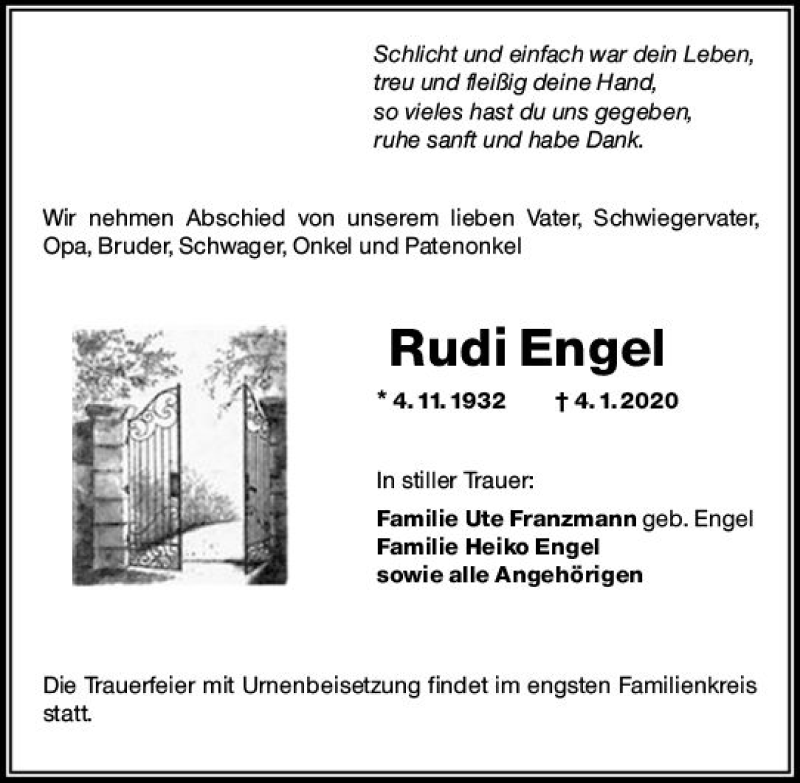  Traueranzeige für Rudi Engel vom 10.01.2020 aus vrm-trauer