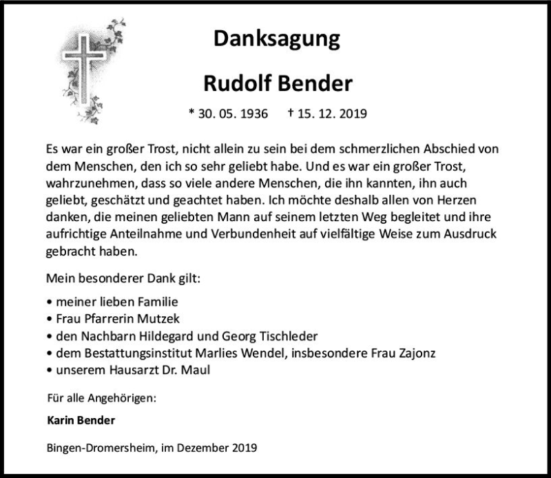  Traueranzeige für Rudolf Bender vom 03.01.2020 aus vrm-trauer