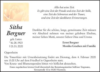 Traueranzeige von Sitha Bergner von vrm-trauer
