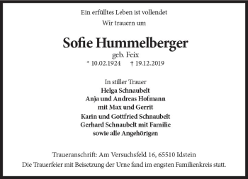 Traueranzeige von Sofie Hummelberger von vrm-trauer