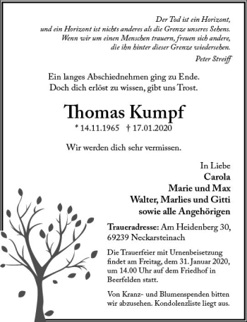 Traueranzeige von Thomas Kumpf von vrm-trauer