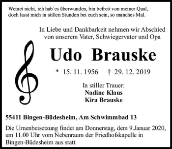 Traueranzeige von Udo Brauske von vrm-trauer