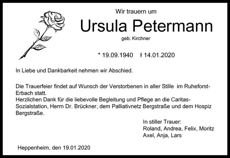  Traueranzeige für Ursula Petermann vom 25.01.2020 aus vrm-trauer