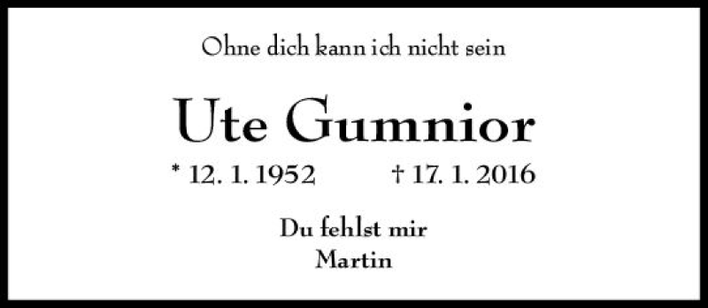  Traueranzeige für Ute Gumnior vom 17.01.2020 aus vrm-trauer