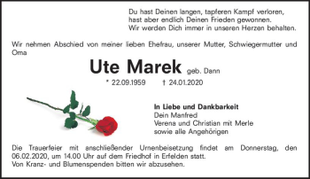 Traueranzeige von Ute Marek von vrm-trauer