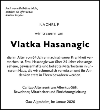 Traueranzeige von Vlatka Hasanagic von vrm-trauer