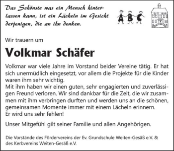 Traueranzeige von Volkmar Schäfer von vrm-trauer