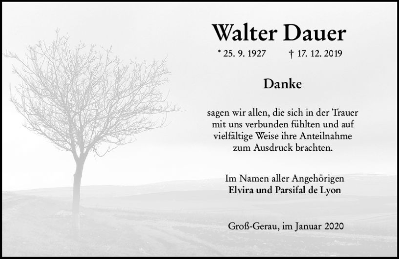  Traueranzeige für Walter Dauer vom 25.01.2020 aus vrm-trauer