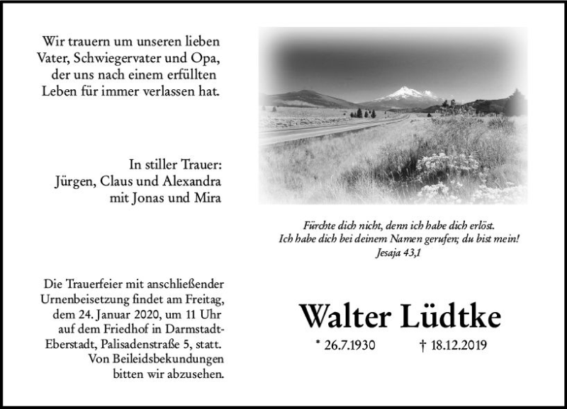  Traueranzeige für Walter Lüdtke vom 11.01.2020 aus vrm-trauer