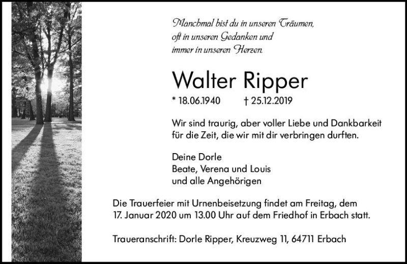  Traueranzeige für Walter Ripper vom 11.01.2020 aus vrm-trauer