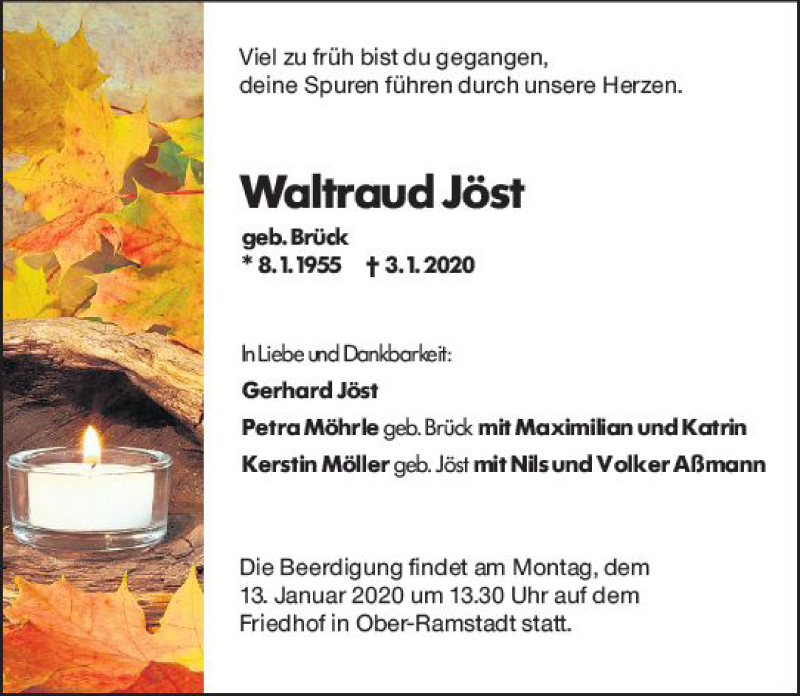  Traueranzeige für Waltraud Jöst vom 11.01.2020 aus vrm-trauer