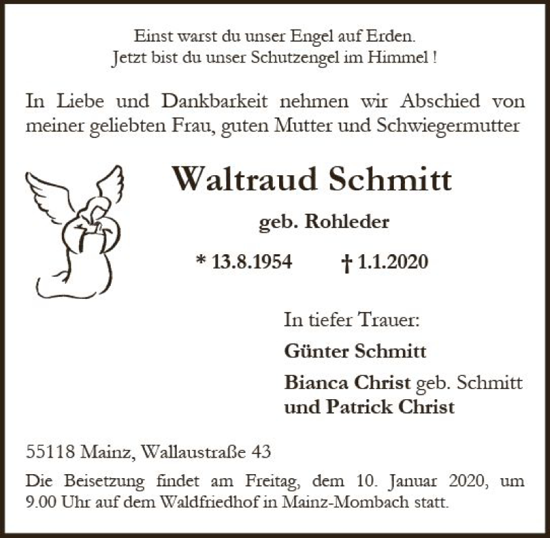  Traueranzeige für Waltraud Schmitt vom 08.01.2020 aus vrm-trauer