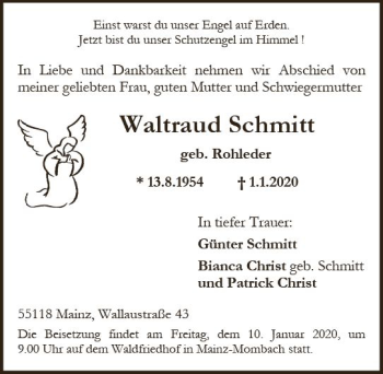 Traueranzeige von Waltraud Schmitt von vrm-trauer