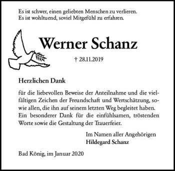 Traueranzeige von Werner Schanz von vrm-trauer