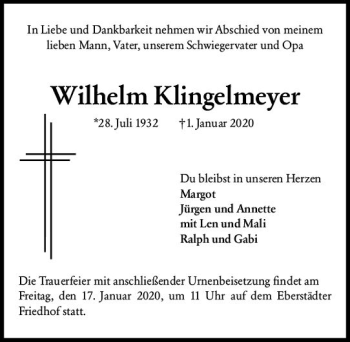 Traueranzeige von Wilhelm Klingelmeyer von vrm-trauer