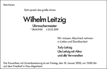 Traueranzeige von Wilhelm Leitzig von vrm-trauer