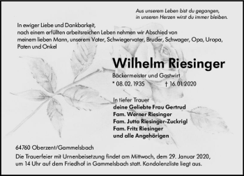 Traueranzeige von Wilhelm Riesinger von vrm-trauer