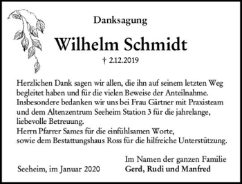 Traueranzeige von Wilhelm Schmidt von vrm-trauer