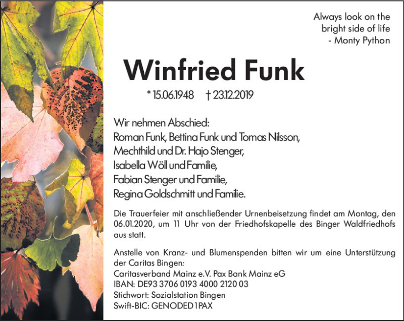  Traueranzeige für Winfried Funk vom 03.01.2020 aus vrm-trauer