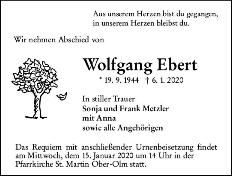  Traueranzeige für Wolfgang Ebert vom 11.01.2020 aus vrm-trauer