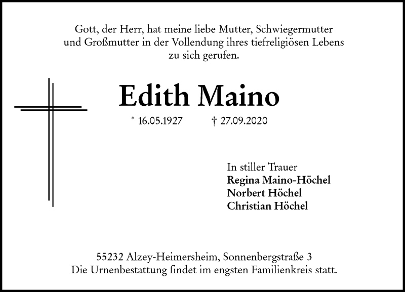  Traueranzeige für Edith Maino vom 30.09.2020 aus VRM Tageszeitungen