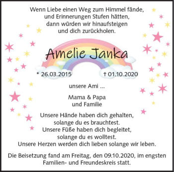 Traueranzeige von Amelie Janka  von vrm-trauer