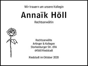 Traueranzeige von Annaik Höll von vrm-trauer