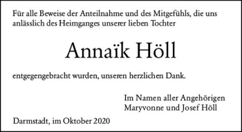 Traueranzeige von Annaik Höll von vrm-trauer