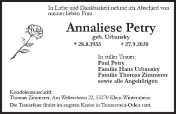 Traueranzeige von Annaliese Petry von vrm-trauer