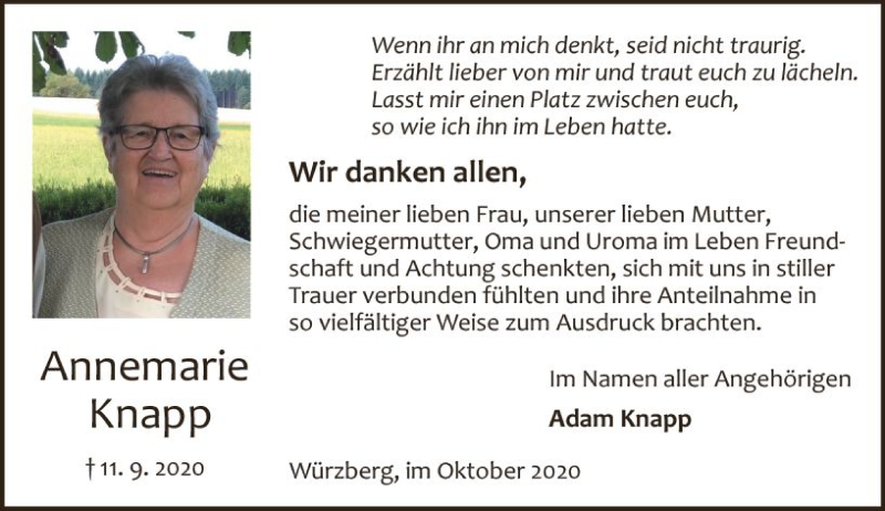  Traueranzeige für Annemarie Knapp vom 10.10.2020 aus vrm-trauer