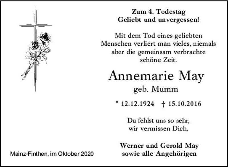 Traueranzeige für Annemarie May vom 15.10.2020 aus vrm-trauer