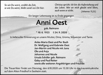 Traueranzeige von Anni Oest von vrm-trauer
