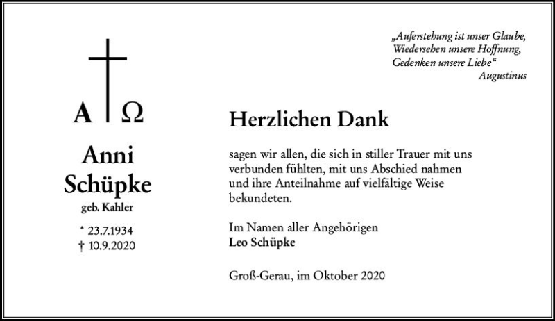  Traueranzeige für Anni Schüpke vom 17.10.2020 aus vrm-trauer