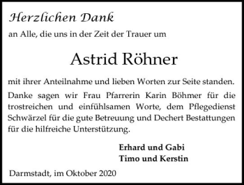 Traueranzeige von Astrid Röhner von vrm-trauer