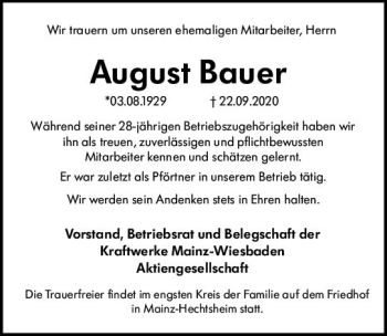 Traueranzeige von August Bauer von vrm-trauer