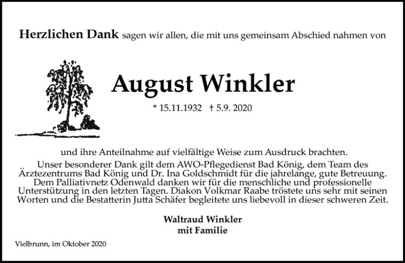  Traueranzeige für August Winkler vom 02.10.2020 aus vrm-trauer