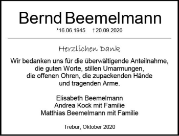Traueranzeige von Bernd Beemelmann von vrm-trauer
