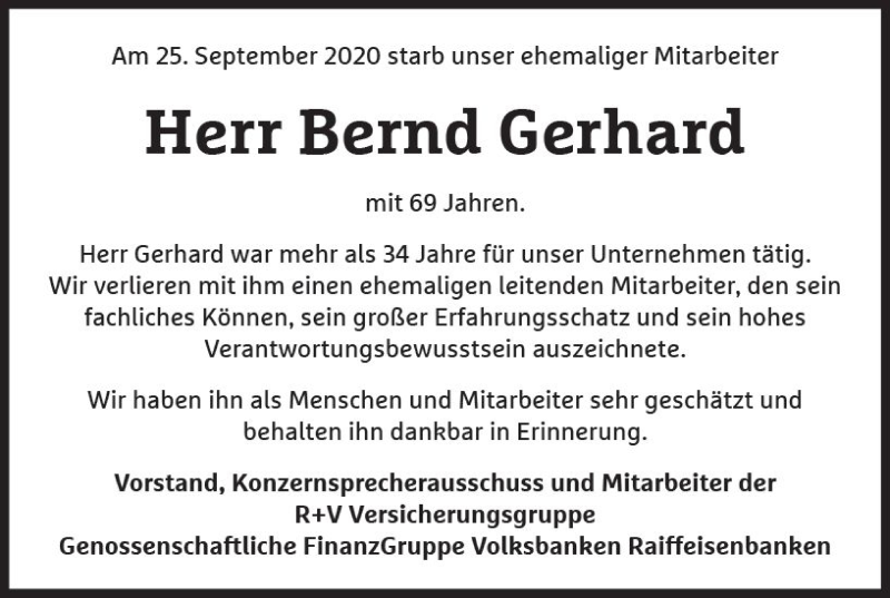  Traueranzeige für Bernd Gerhard vom 10.10.2020 aus vrm-trauer