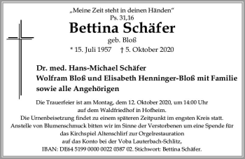 Traueranzeige von Bettina Schäfer von vrm-trauer