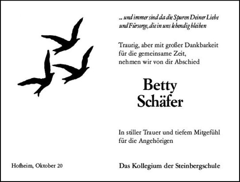  Traueranzeige für Betty Schäfer vom 13.10.2020 aus vrm-trauer