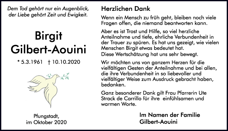  Traueranzeige für Birgit Gilbert-Aouini vom 31.10.2020 aus vrm-trauer